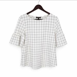 Moa Moa White Blouse With Windowpane Grid Print Short Ruffled Bell Sleeves Sz M
